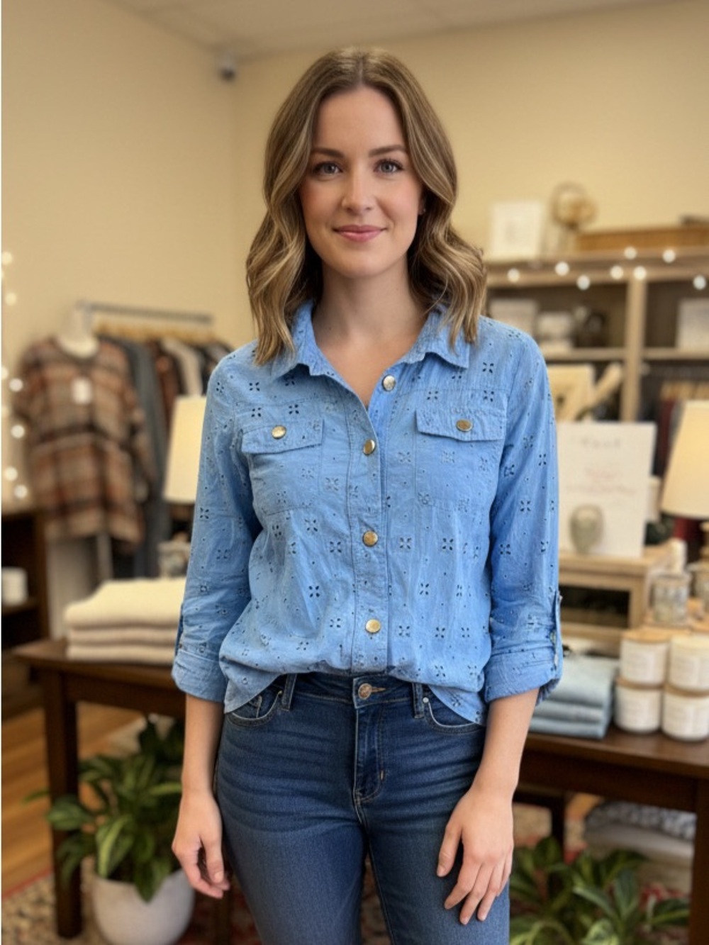 Blair 100% Cotton Light Blue Eyelet Button-Front Shirt GUC Size M